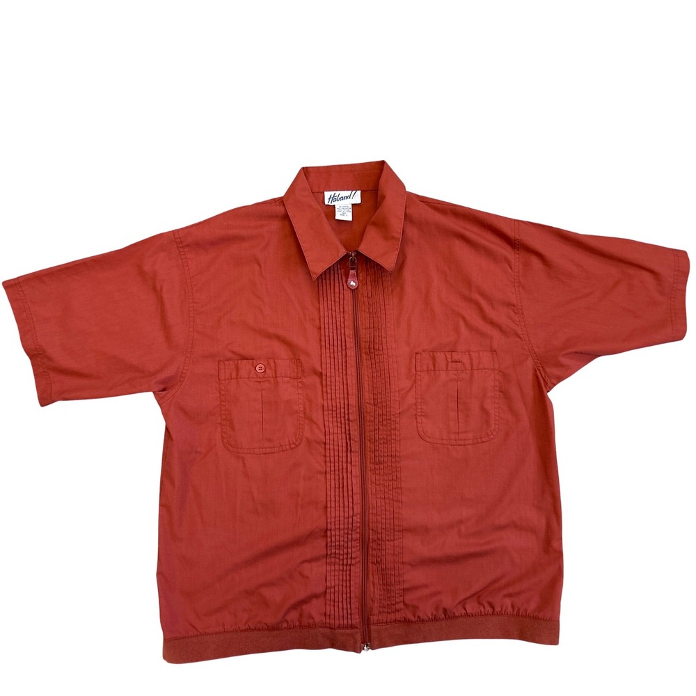 Haband Mens Large Rust‎ Orange Pleated Front Short Sleeve Zip Up Shirt Vintage
